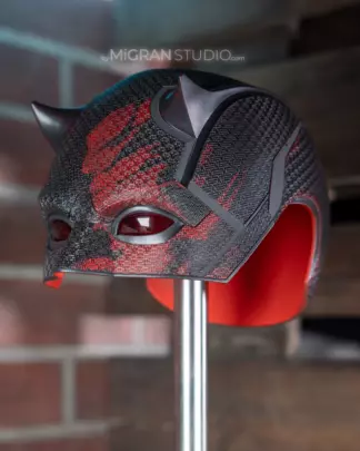 Black Daredevil Helmet Mask, battle damaged red finish, Born Again Season 2 replica by MiGran Studio
